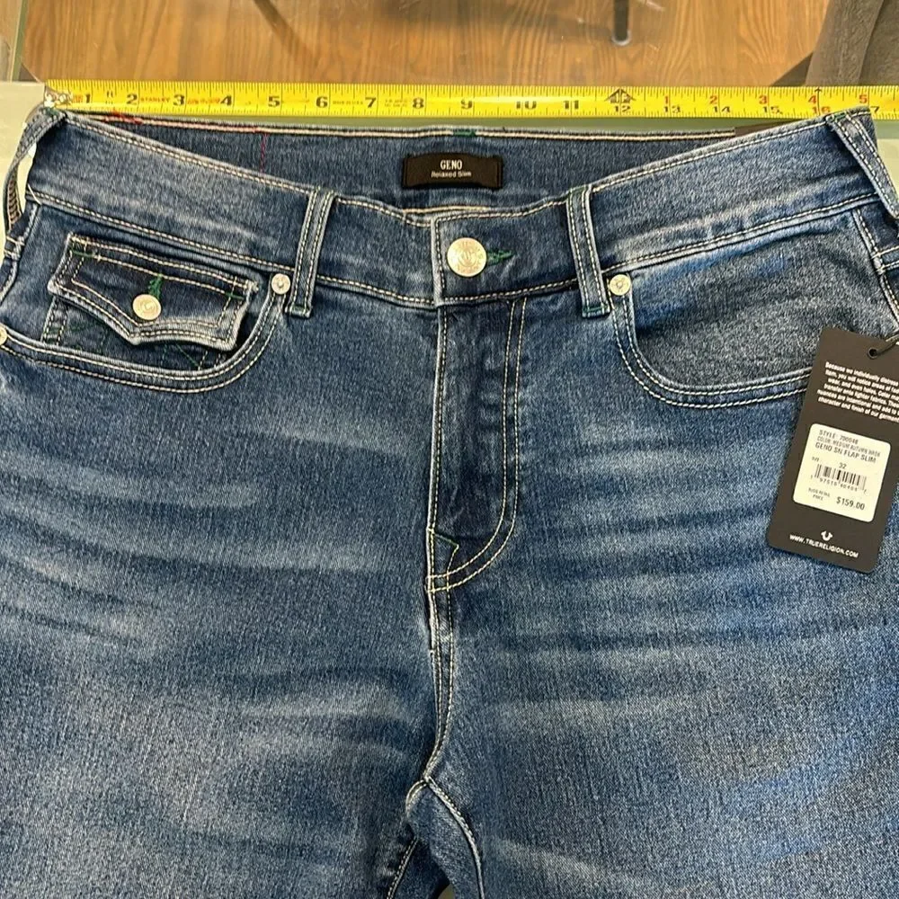 True Religion NWT jeans 32 GENO an flap slim dark blue wash faded very stretchy